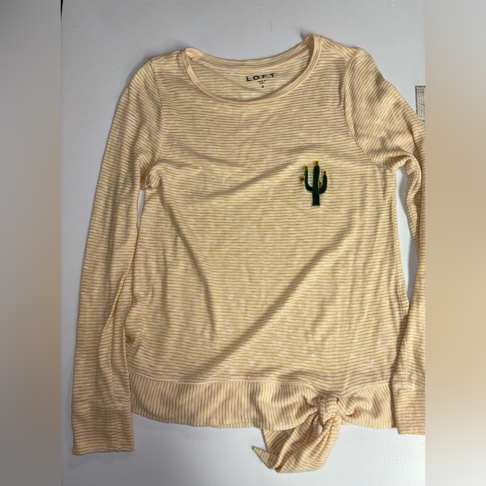 LOFT Womens Yellow Stripe Tie Front Beaded Cactus Shirt